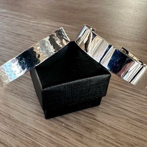 Set of Two - Silver Cuff Bracelets 1 Hammered Style 1 Solid - Adjustable